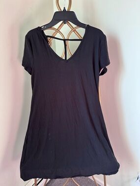 Pink Rose Black V-Neck Short Sleeve Dress with Strappy Back
